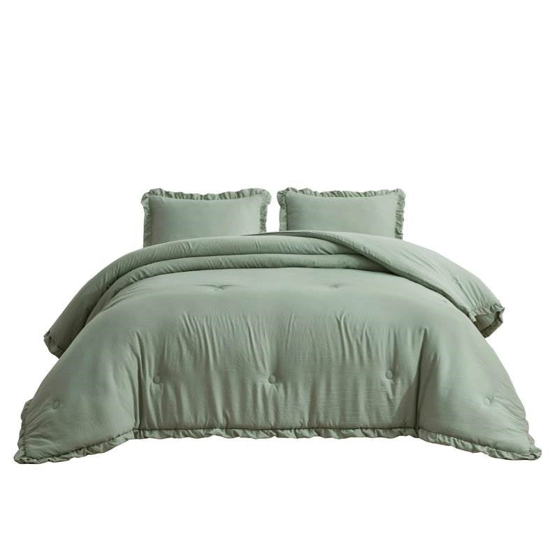 Queen Oversized Sage Ruffled Edge Microfiber Comforter Set