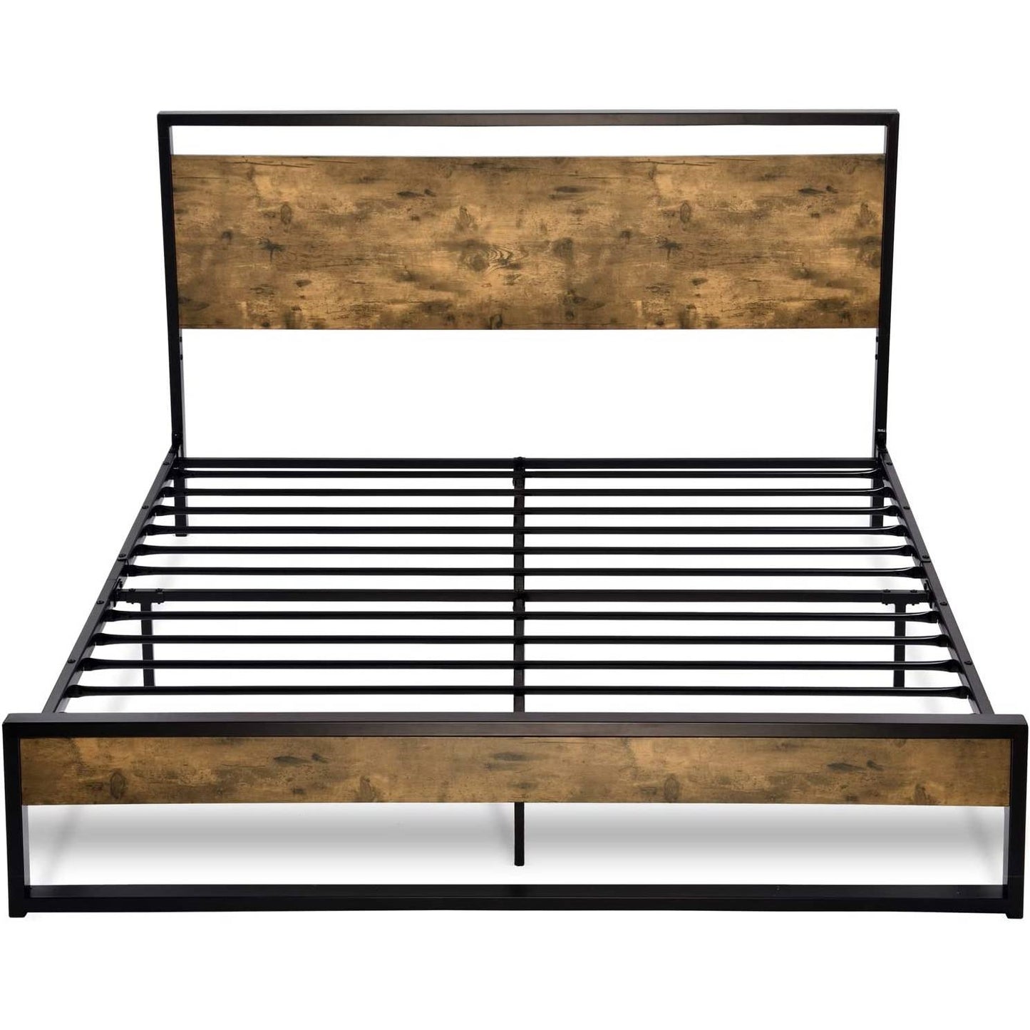 Queen size Metal Wood Platform Bed Frame Industrial Headboard