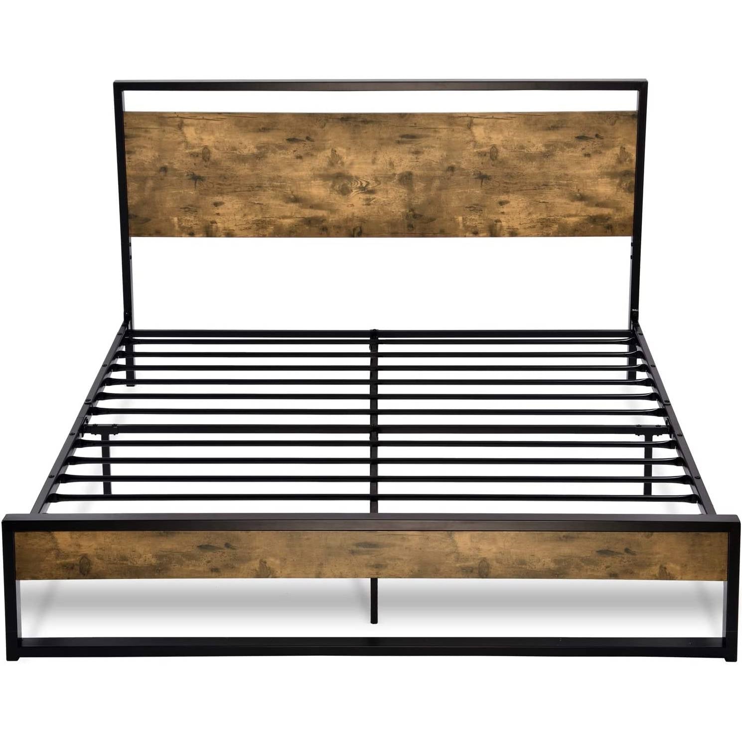 Queen size Metal Wood Platform Bed Frame Industrial Headboard
