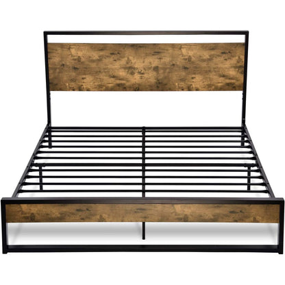Queen size Metal Wood Platform Bed Frame Industrial Headboard
