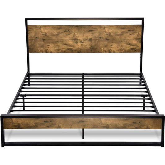 Queen size Metal Wood Platform Bed Frame Industrial Headboard