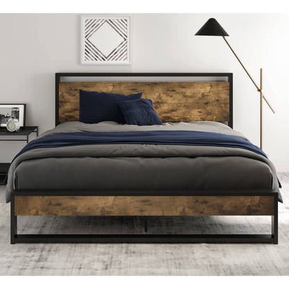 Queen size Metal Wood Platform Bed Frame Industrial Headboard