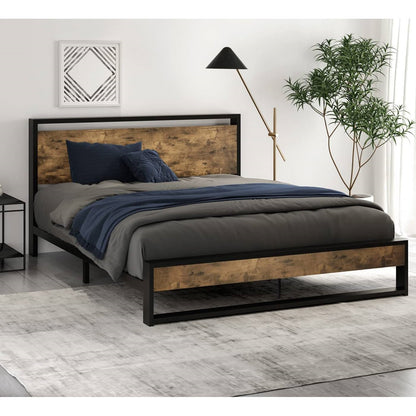 Queen size Metal Wood Platform Bed Frame Industrial Headboard