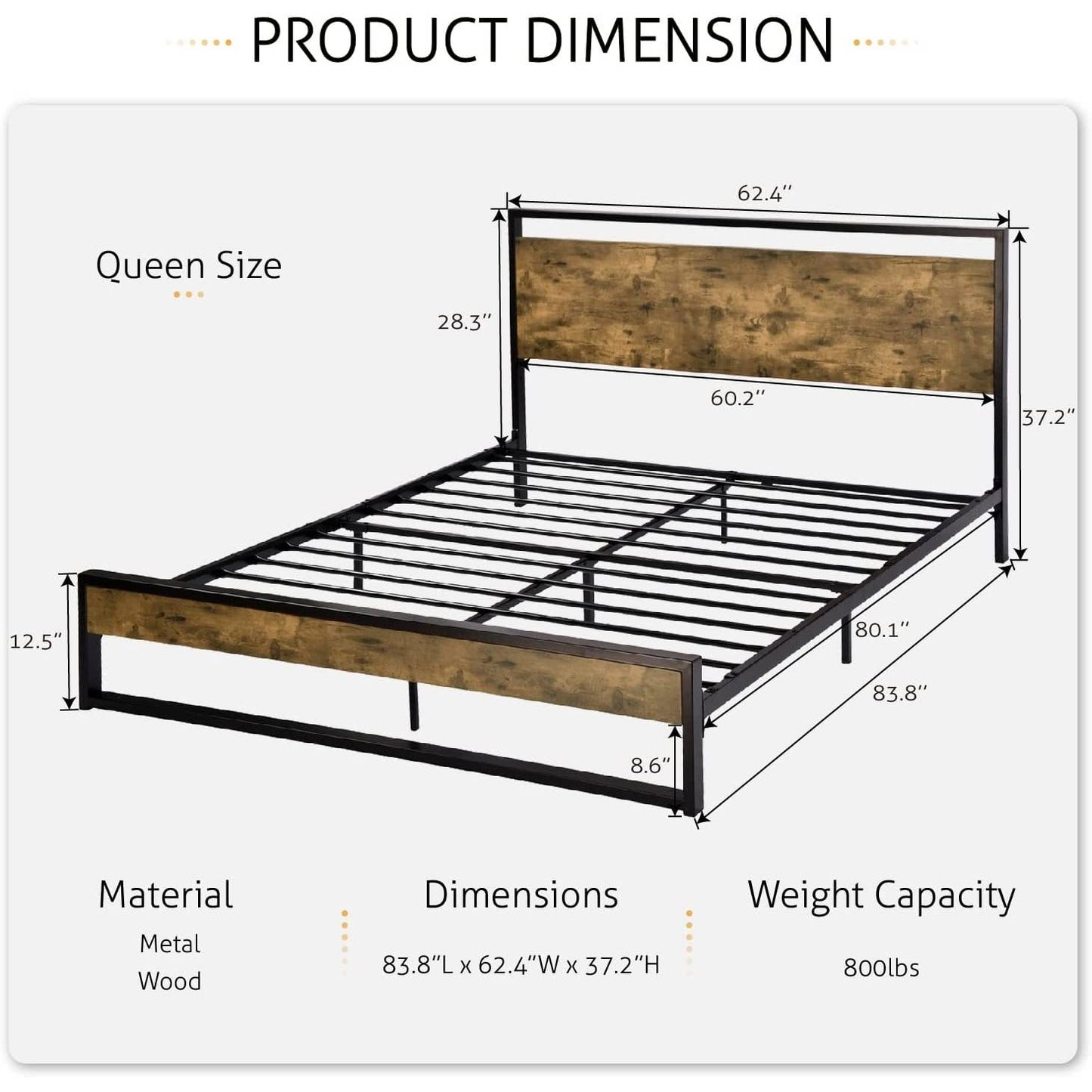 Queen size Metal Wood Platform Bed Frame Industrial Headboard
