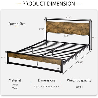 Queen size Metal Wood Platform Bed Frame Industrial Headboard