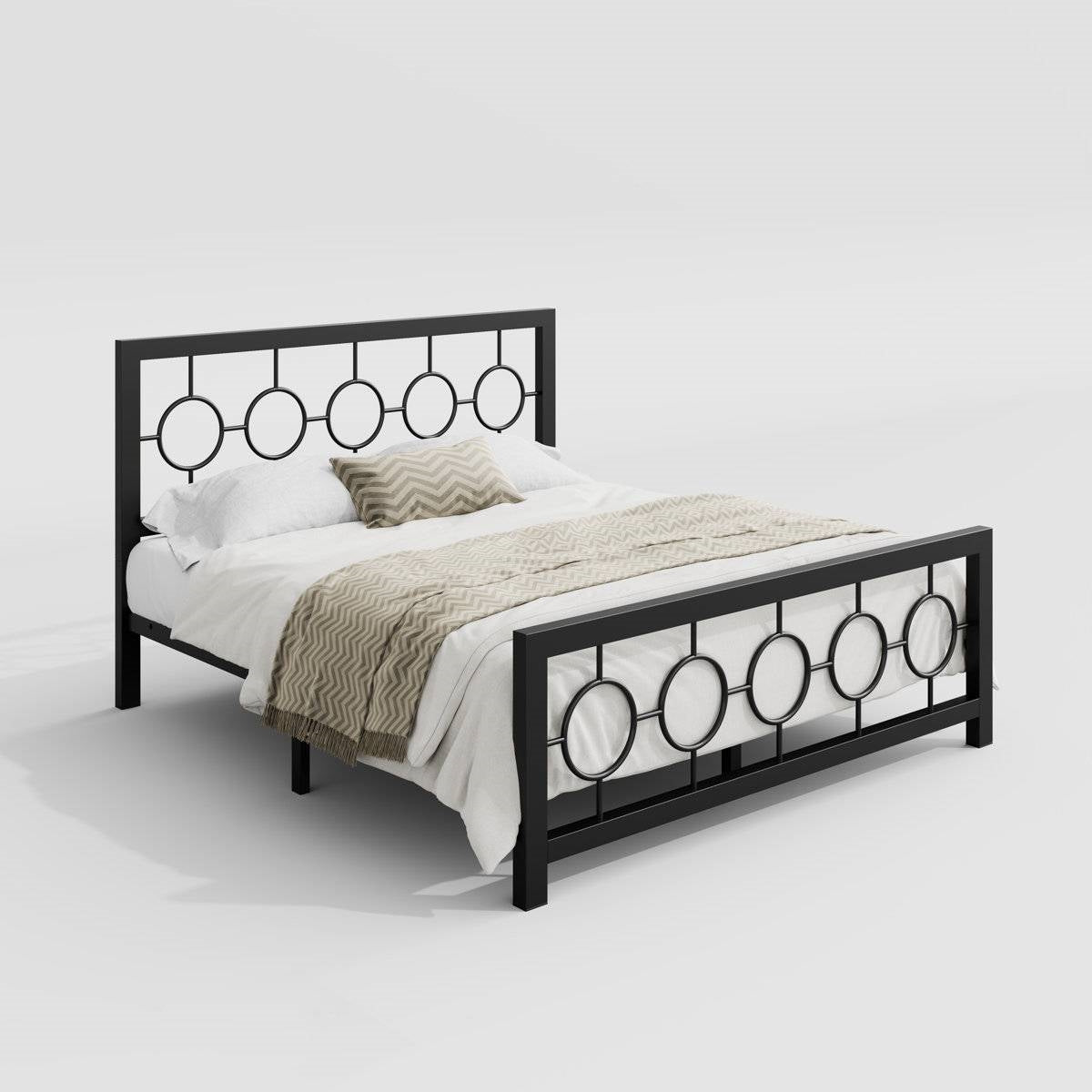 Queen Size Modern Circle Medallion Black Metal Platform Bed Frame