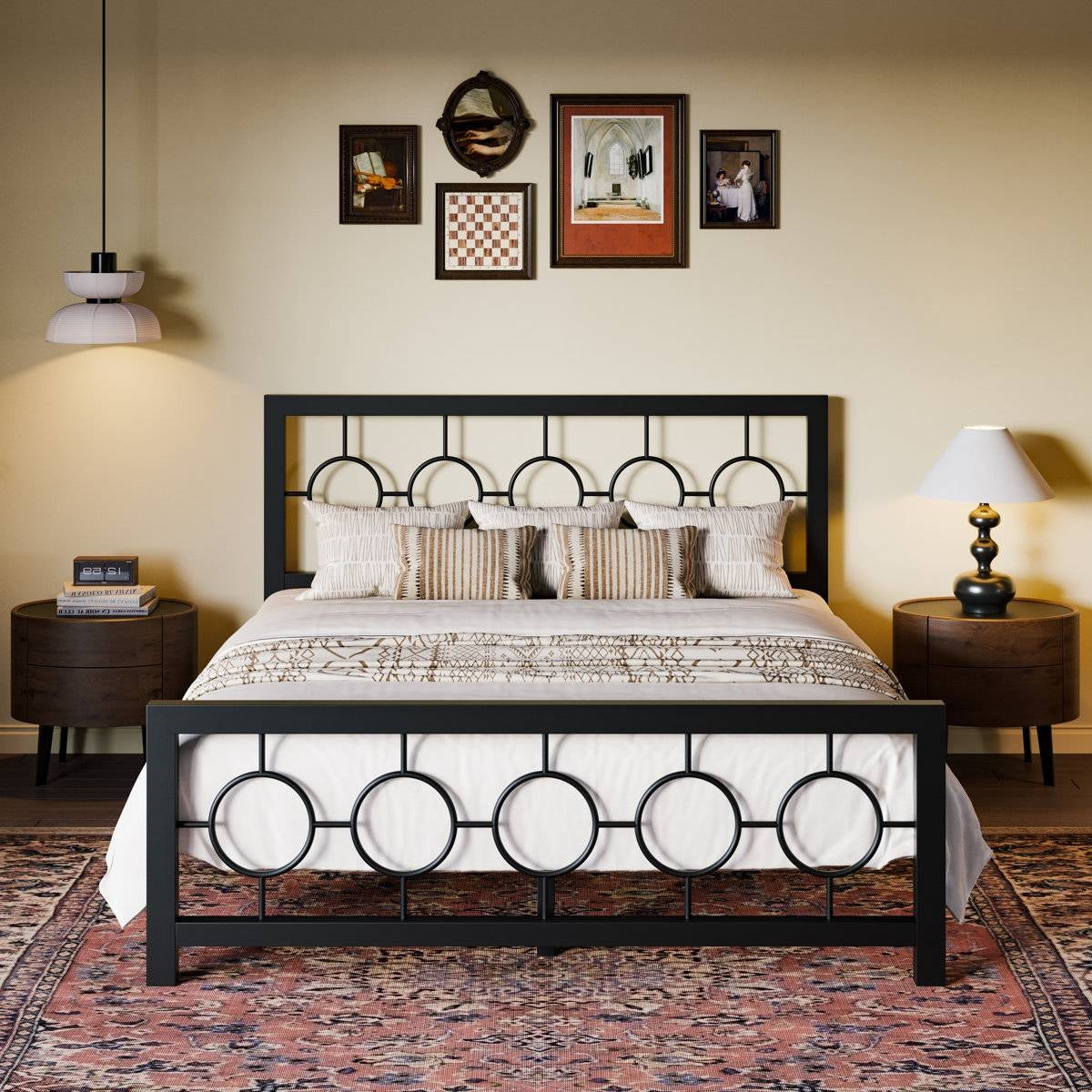 Queen Size Modern Circle Medallion Black Metal Platform Bed Frame