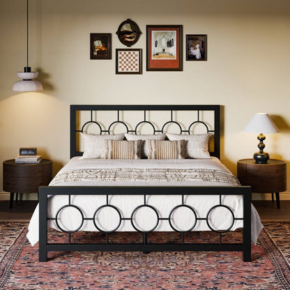Queen Size Modern Circle Medallion Black Metal Platform Bed Frame