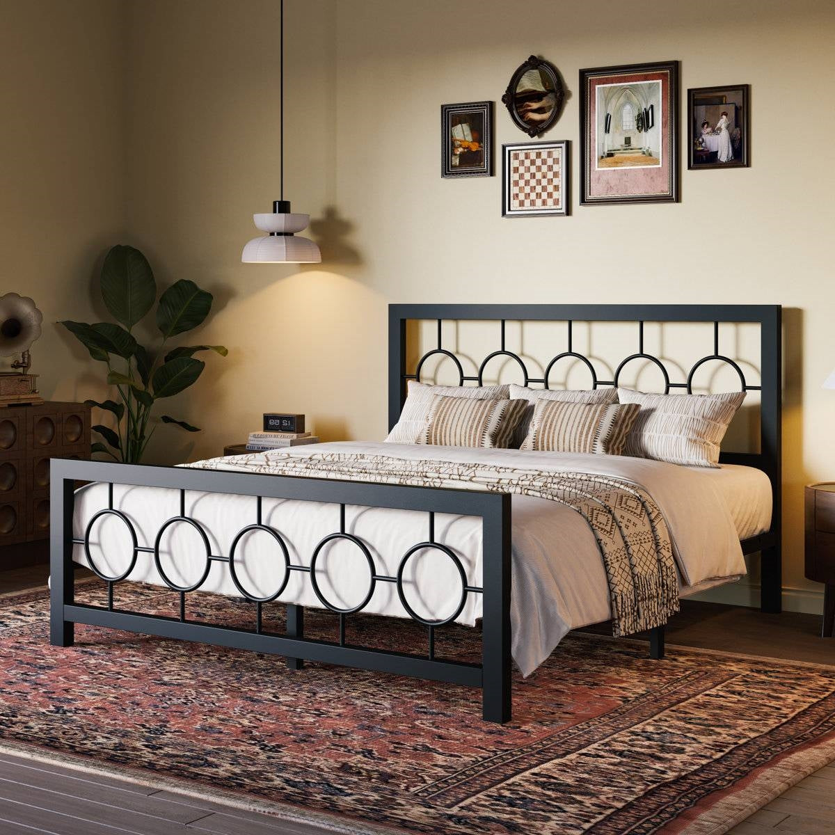 Queen Size Modern Circle Medallion Black Metal Platform Bed Frame