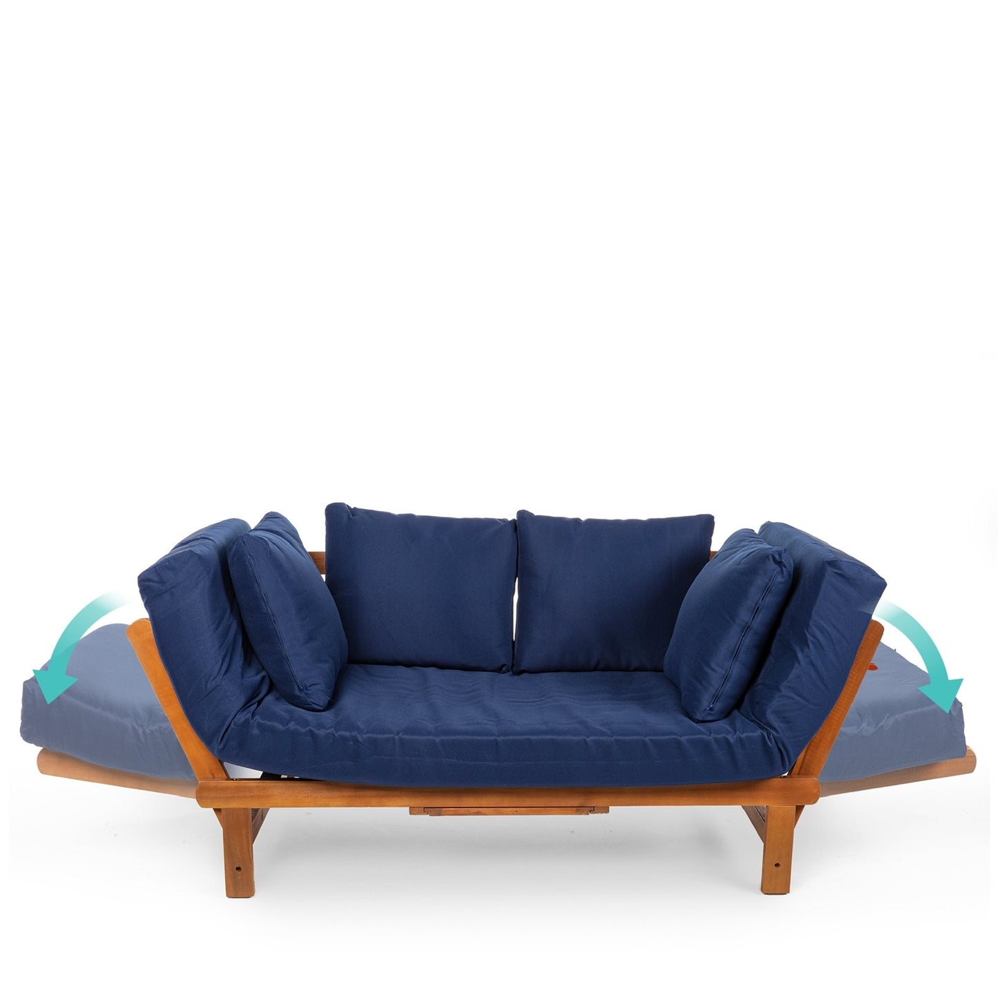 Navy Blue Outdoor Acacia Wood Convertible Sofa with 4 Removable Pillows