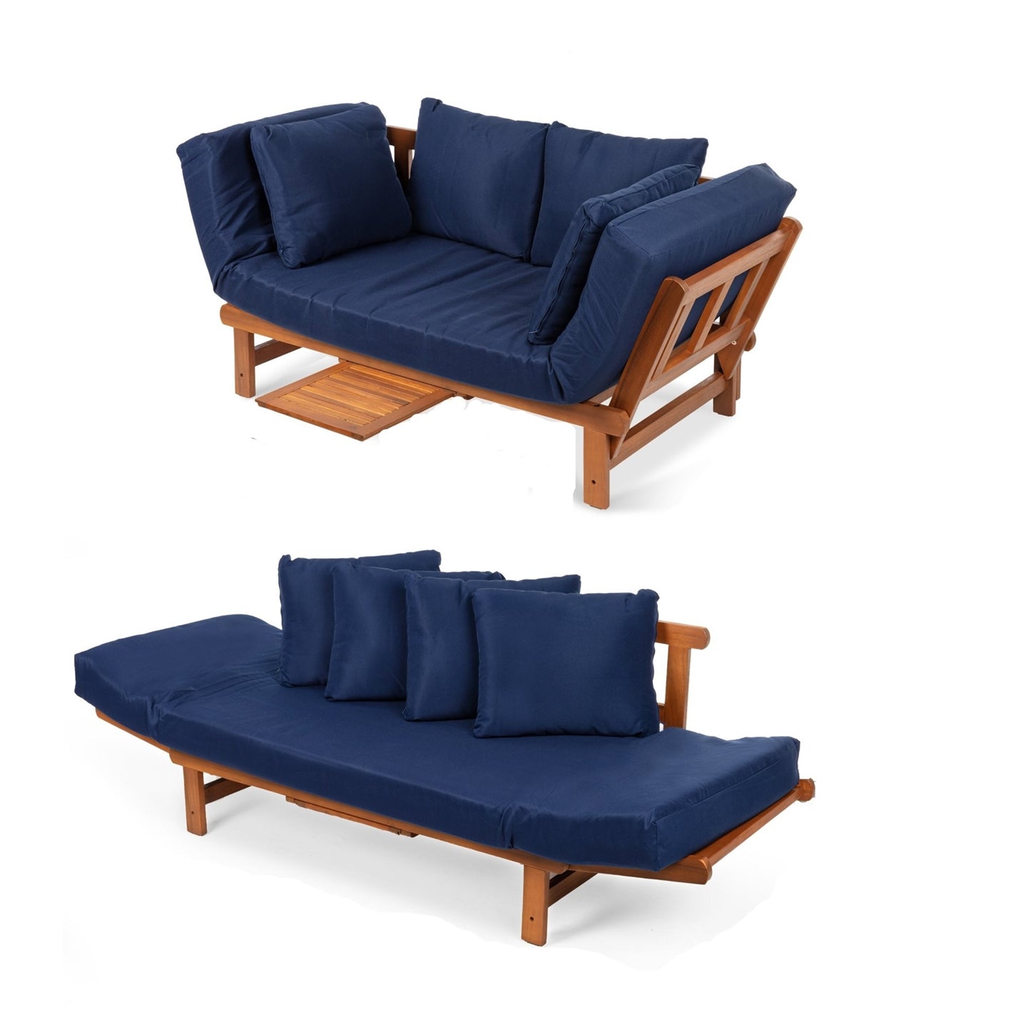 Navy Blue Outdoor Acacia Wood Convertible Sofa with 4 Removable Pillows