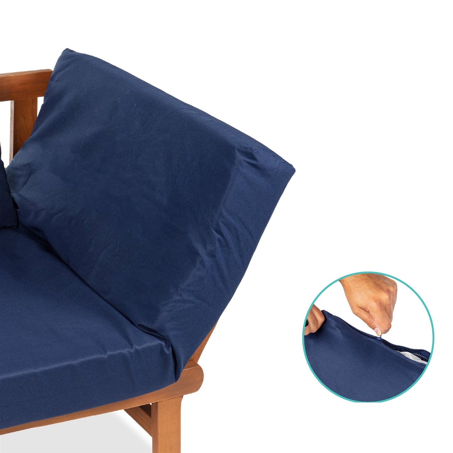 Navy Blue Outdoor Acacia Wood Convertible Sofa with 4 Removable Pillows