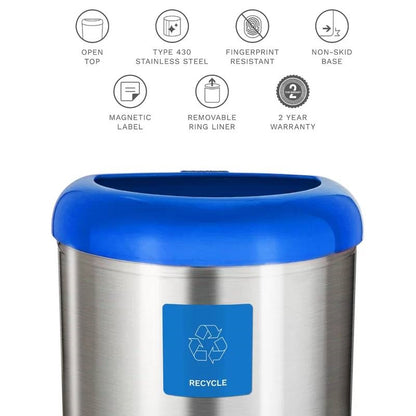 13-Gallon Stainless Steel Recycle Bin with Blue Open Top