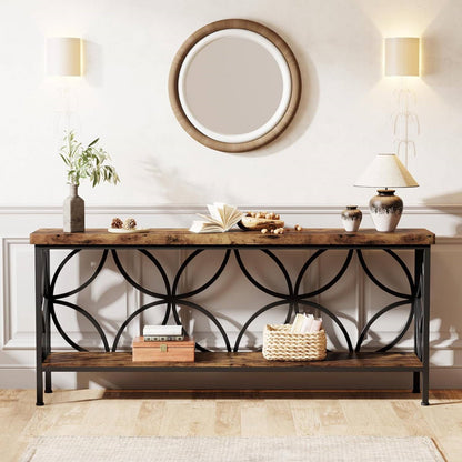 Modern 70-inch Long Narrow Console Sofa Table with Brown Wood Top and Shelf