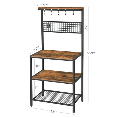 Black Metal Kitchen Baker's Rack Microwave Stand with Wood Storage Shelves