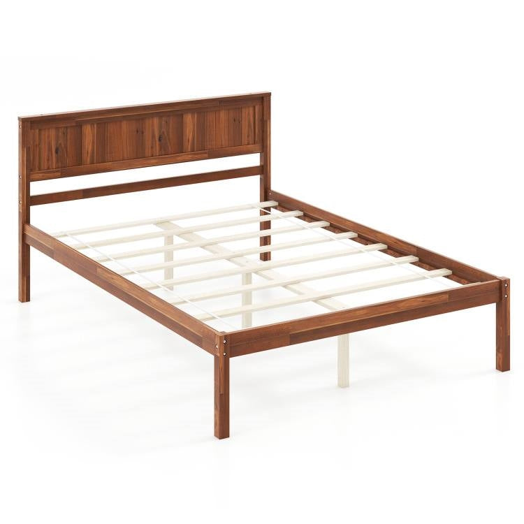 Full Size Retro Walnut Wooden Platform Bed
