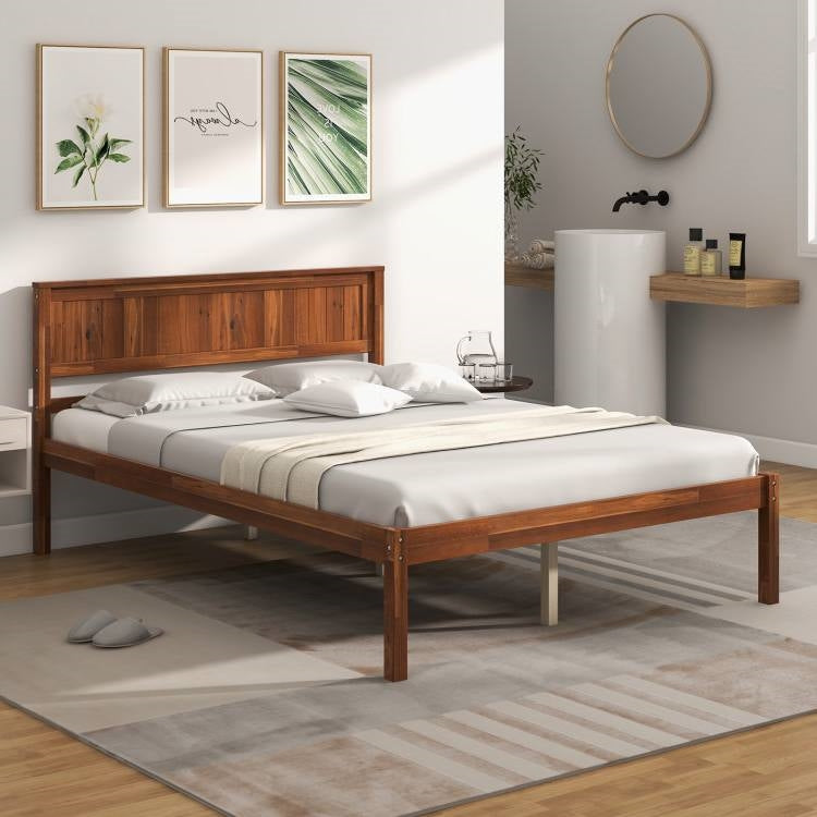 Full Size Retro Walnut Wooden Platform Bed