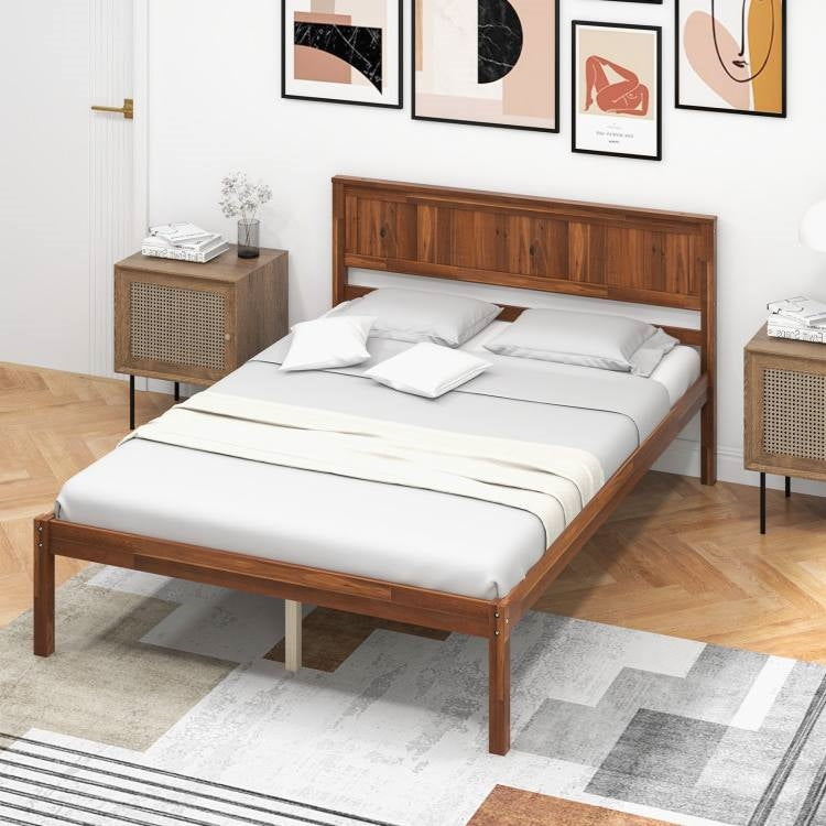 Full Size Retro Walnut Wooden Platform Bed