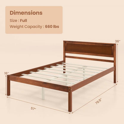 Full Size Retro Walnut Wooden Platform Bed
