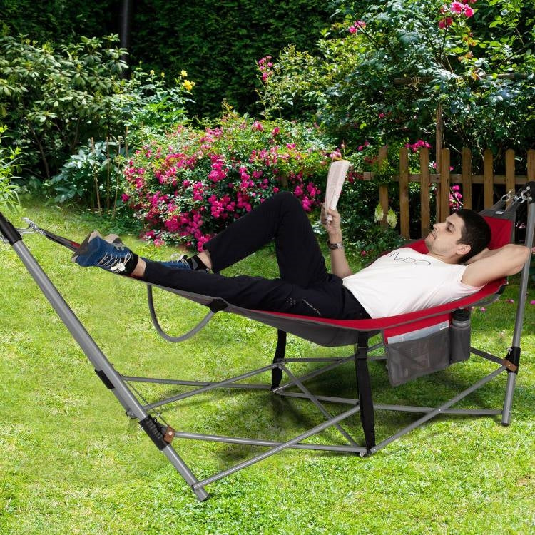 Red Portable Camping Foldable Hammock with Stand Carry Case