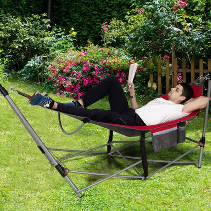 Red Portable Camping Foldable Hammock with Stand Carry Case