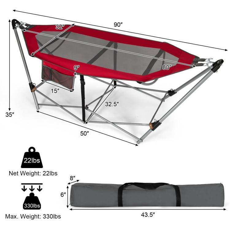 Red Portable Camping Foldable Hammock with Stand Carry Case