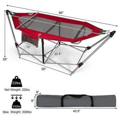 Red Portable Camping Foldable Hammock with Stand Carry Case