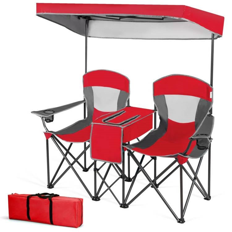 Red 2 Seater Folding Camping Canopy Chairs Cup Holder Storage Pocket