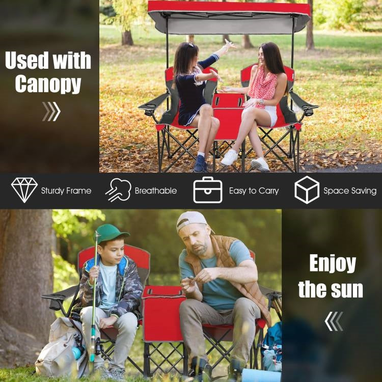 Red 2 Seater Folding Camping Canopy Chairs Cup Holder Storage Pocket