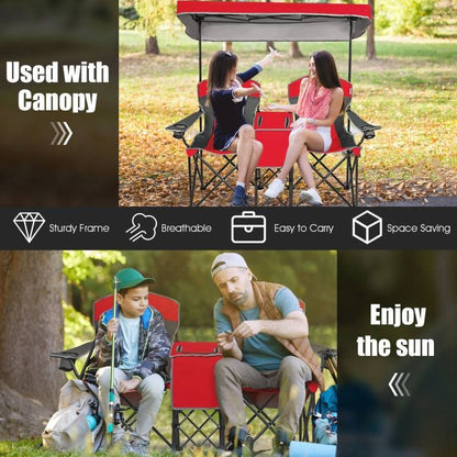 Red 2 Seater Folding Camping Canopy Chairs Cup Holder Storage Pocket