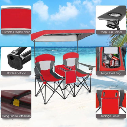 Red 2 Seater Folding Camping Canopy Chairs Cup Holder Storage Pocket