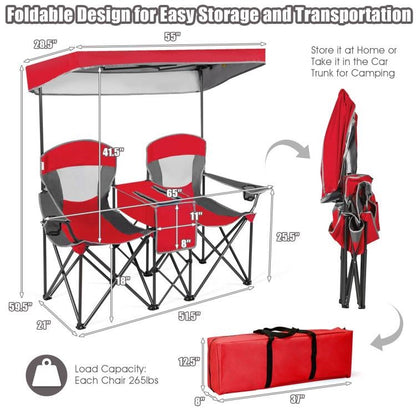 Red 2 Seater Folding Camping Canopy Chairs Cup Holder Storage Pocket