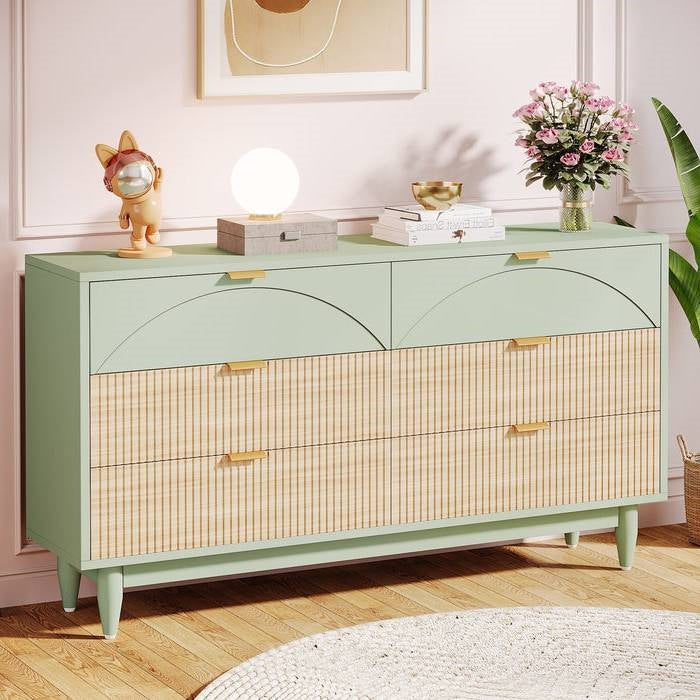 Retro Mint Green Light Wooden 6 Drawer Dresser