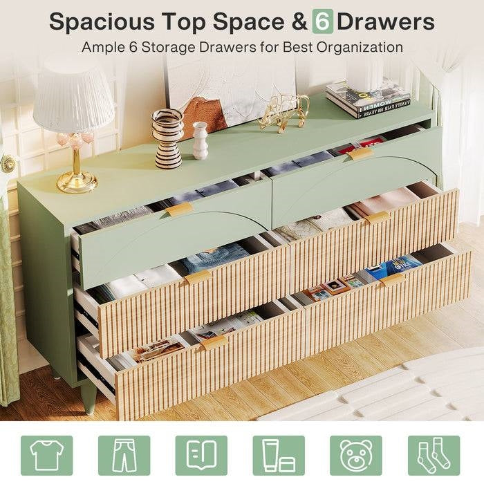 Retro Mint Green Light Wooden 6 Drawer Dresser