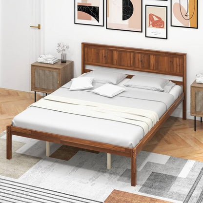 Queen Size Retro Walnut Wooden Platform Bed