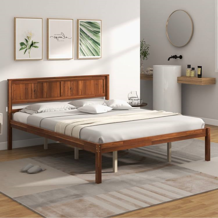 Queen Size Retro Walnut Wooden Platform Bed