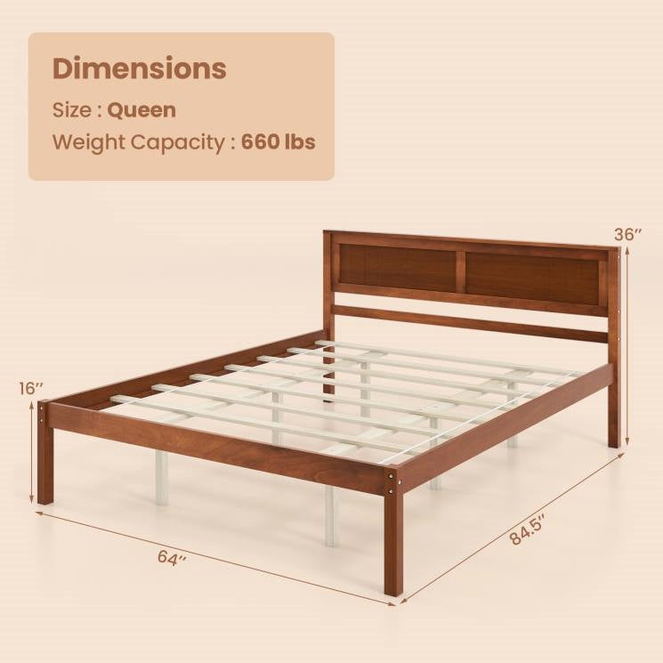 Queen Size Retro Walnut Wooden Platform Bed