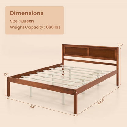 Queen Size Retro Walnut Wooden Platform Bed