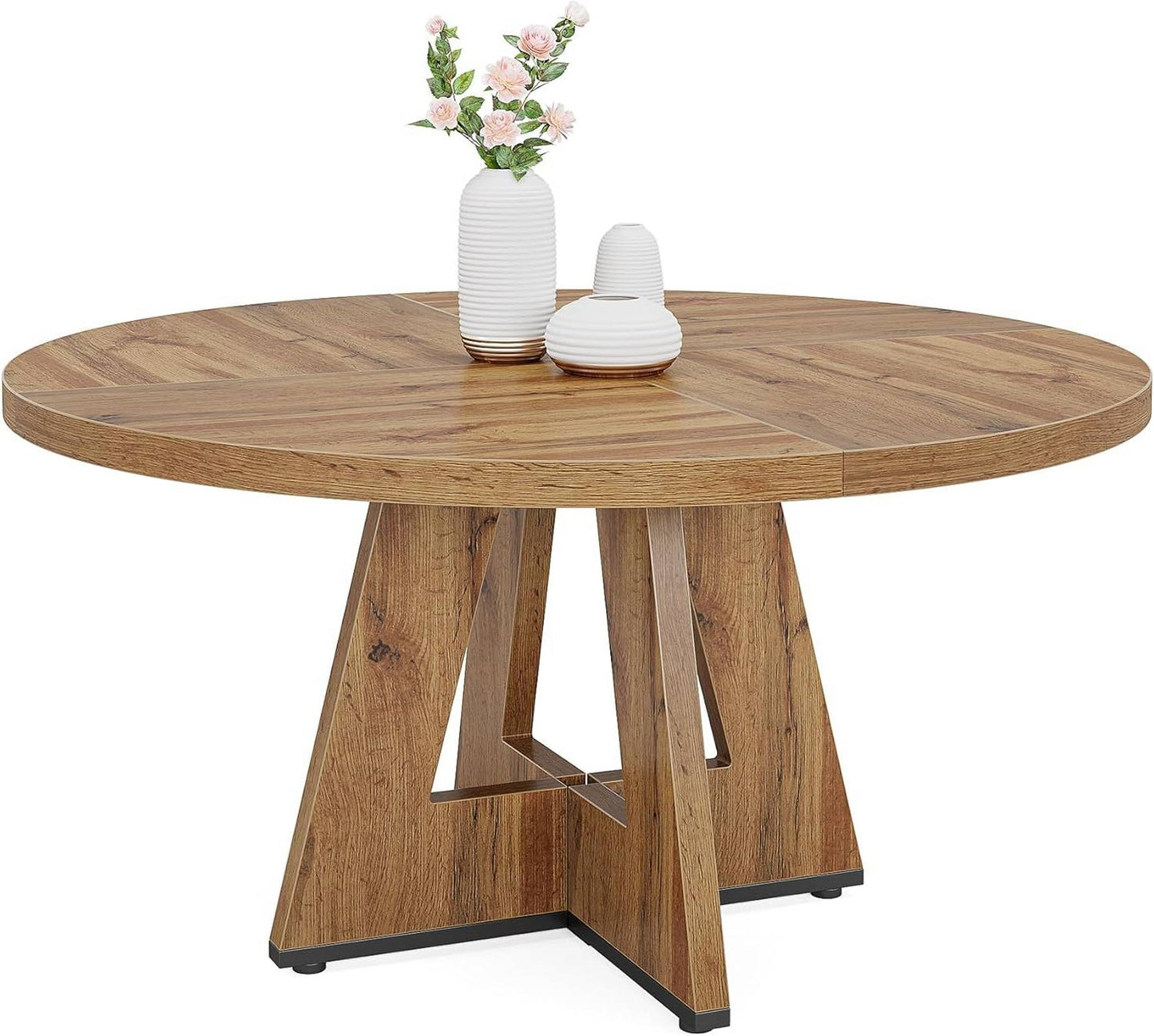Farmhouse Retro Oak Round 47-in Wooden Kitchen Table