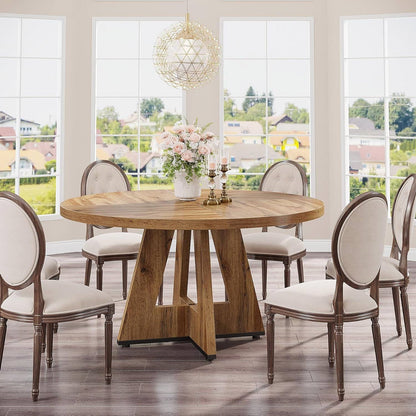 Farmhouse Retro Oak Round 47-in Wooden Kitchen Table