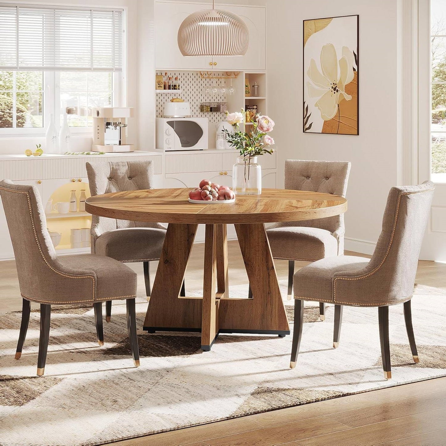 Farmhouse Retro Oak Round 47-in Wooden Kitchen Table