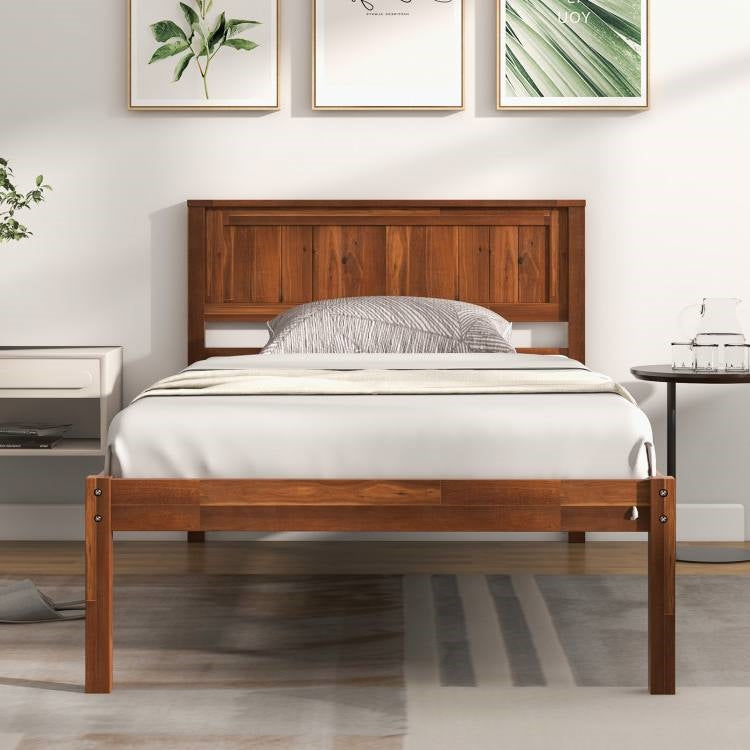 Twin Size Retro Walnut Wooden Platform Bed