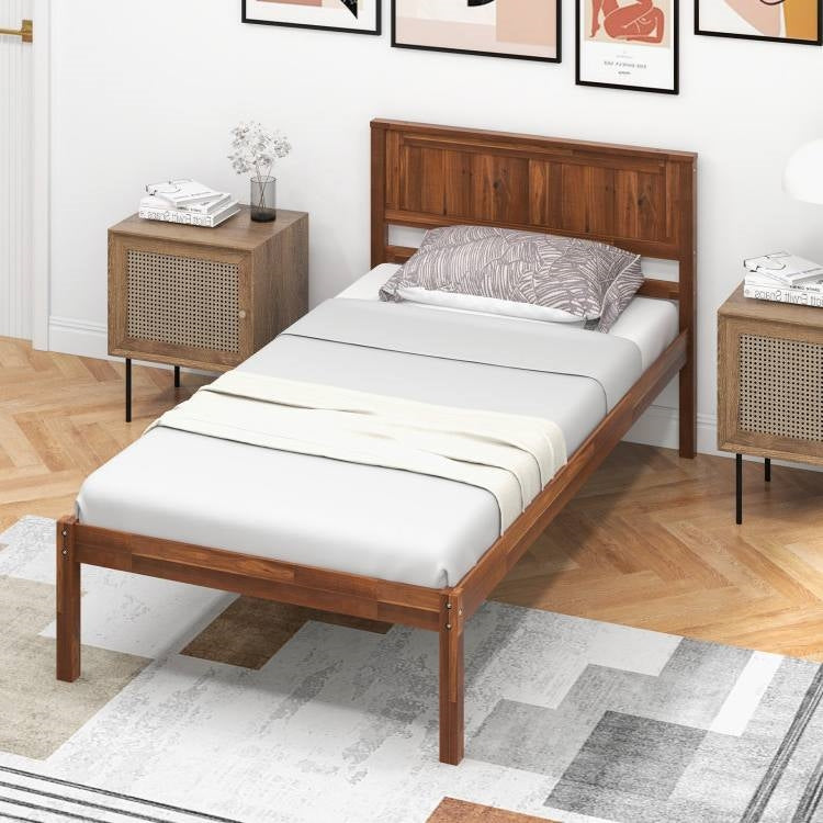 Twin Size Retro Walnut Wooden Platform Bed