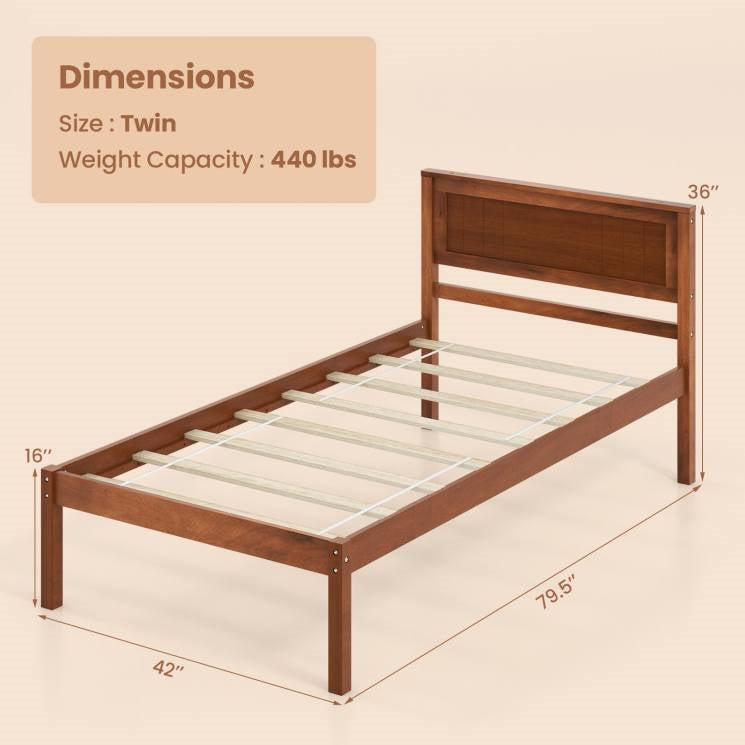 Twin Size Retro Walnut Wooden Platform Bed
