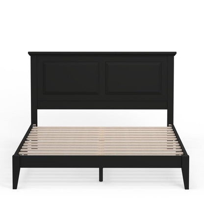 Queen Size Retro Solid Oak Wooden Platform Bed in Black