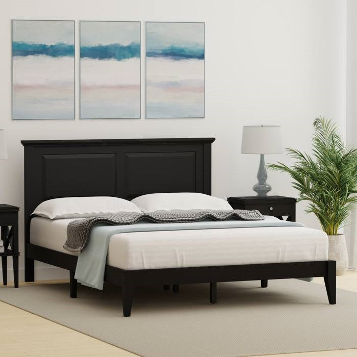 Queen Size Retro Solid Oak Wooden Platform Bed in Black