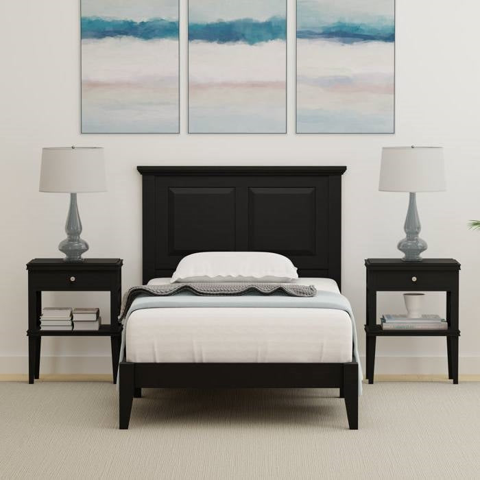 Twin Size Retro Solid Oak Wooden Platform Bed in Black