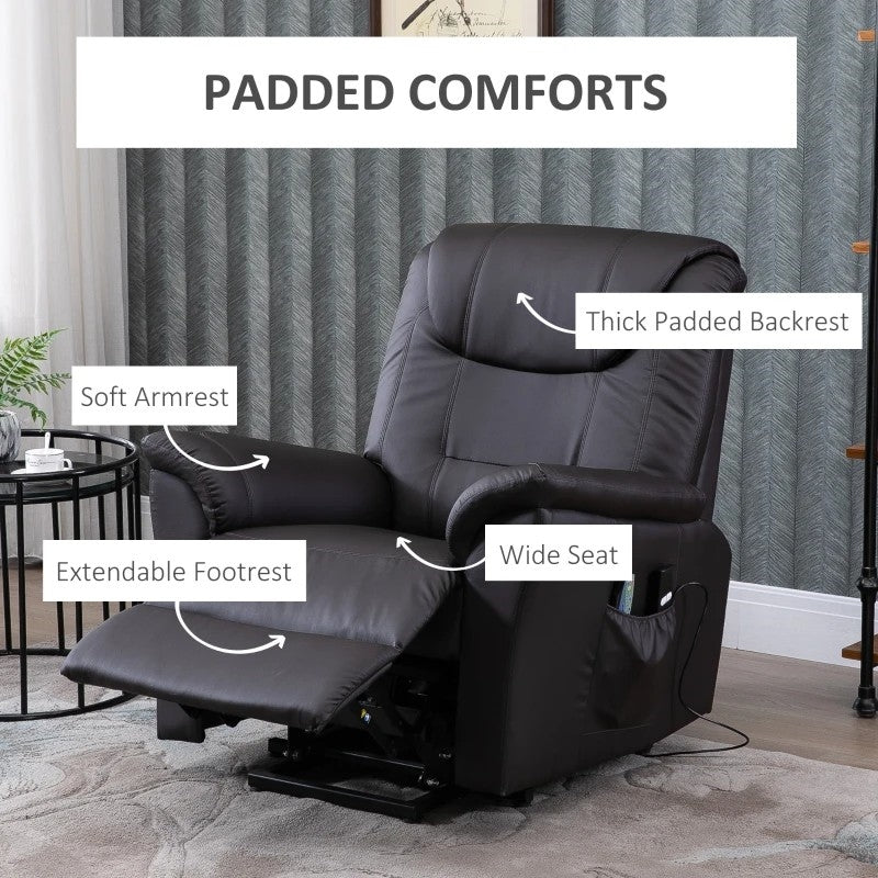 Brown Electric PU Leather Power Lift Chair with Remote Control &amp; Side Pockets