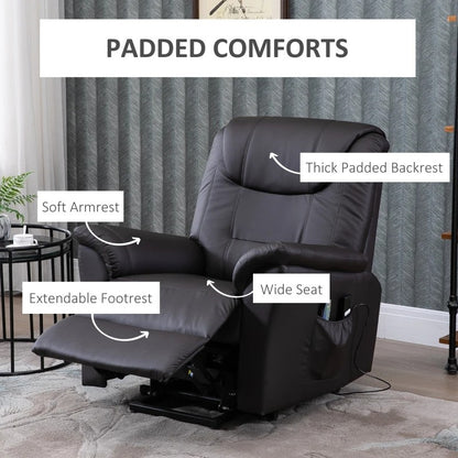 Brown Electric PU Leather Power Lift Chair with Remote Control &amp; Side Pockets