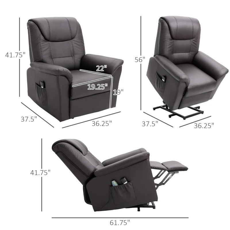 Brown Electric PU Leather Power Lift Chair with Remote Control &amp; Side Pockets